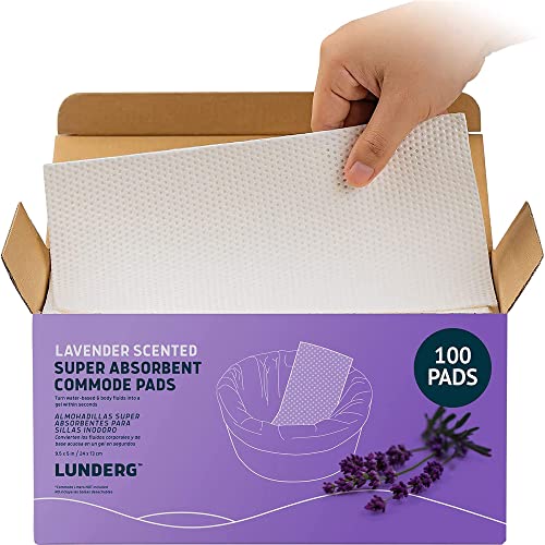 Lunderg Lavender Scented Super Absorbent Commode Pads - Medical Grade Value Pack 100 Count - for Bedside Commode Liners Disposable, Adult Commode Chair, Portable Toilet Bags - Light Scent