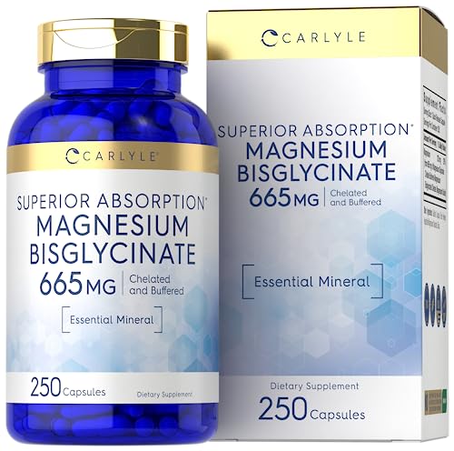 Buffered Magnesium Bisglycinate 665 mg | 250 Capsules | Chelated Essential Mineral | Non-GMO and Gluten Free Supplement | by Carlyle