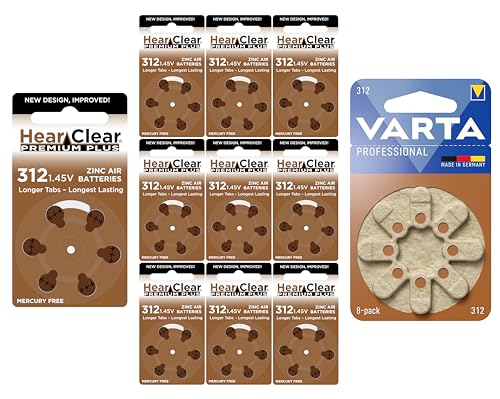 Hear Clear Size 312 PR41 Hearing Aid Batteries Brown Tab (60 Batteries) + Bonus Varta 8 Pack