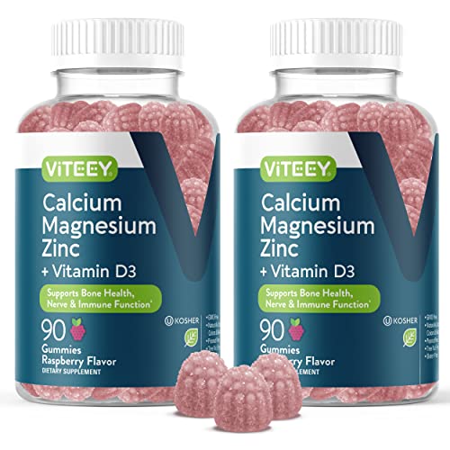 Calcium, Magnesium and Zinc Gummies with Vitamin D3 - Supports Bone Health, Nerve & Immune Function - Dietary Vitamin Supplements, For Women, Men, & Teens, Gluten Free, Non GMO Chewable Fruit Flavored