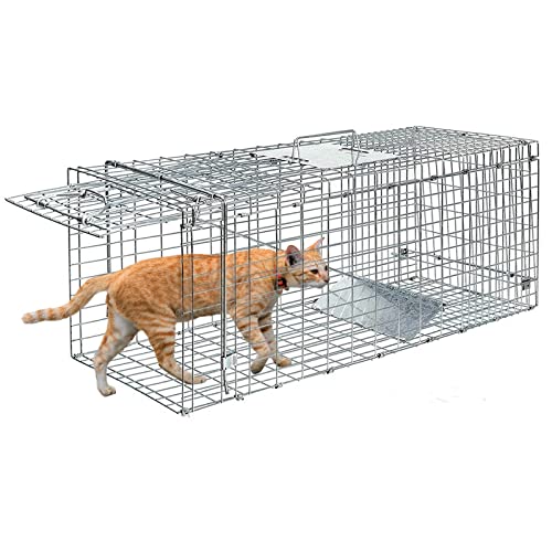 Humane Cat Trap for Stray Cats 24"x8"x7" Live Animal Trap Live Traps for Cats Racoon Possum Rabbit Squirrel Mouse Small Animal Trap Outdoor Indoor Collapsible Steel Humane Release Animal Cage