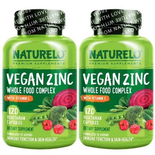 NATURELO Vegan Zinc Whole Food Complex Supplement with Vitamin C for Immune Support and Healthy Skin, Hair, and Nails - Twin Pack, 240 Capsules
