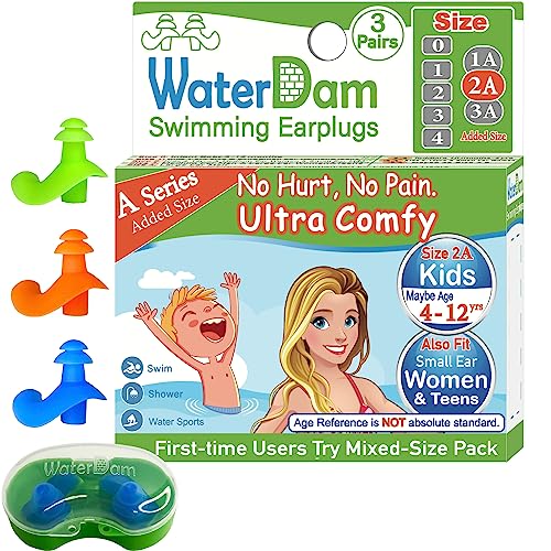 WaterDam A-Series Swimming Ear Plugs Ultra Comfy Great Waterproof Earplugs (Size 2A, Size 2A+2A+2A: Kids Teens Small&Medium Ear Women (Green Orange Blue))