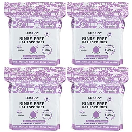 Scrubzz Disposable No Rinse Bathing Wipes - All-in-1 Single Use Shower Wipes, Simply Dampen, Lather, and Dry Without Shampoo or Rinsing (Lavender, 4-Pack)
