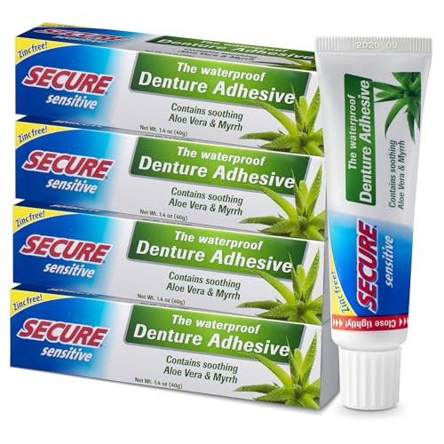 Secure Sensitive Gums Waterproof Denture Adhesive Zinc Free with Aloe Vera & Myrrh - Extra Strong 12 Hour Hold - 1.4 oz (Pack of 4)
