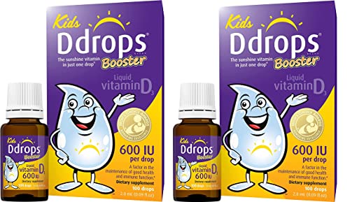 Ddrops Kids Booster 600IU 100 Drops - Daily Liquid Vitamin D for Kids. Support Strong Bones & Immune System in Children. No Preservatives, No Sugar, Non-GMO, Allergy-Friendly (Pack of 2)