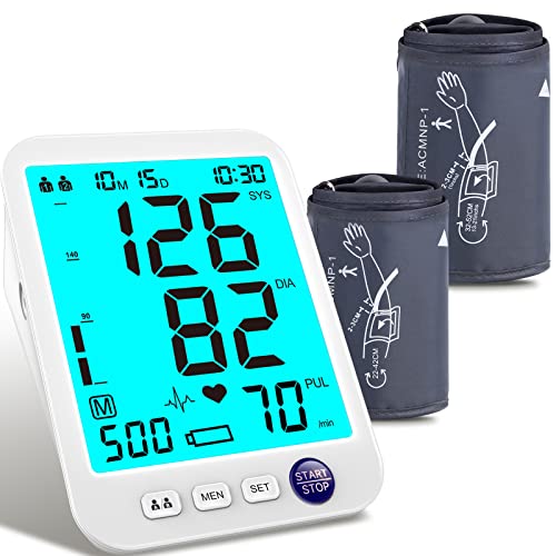 Automatic Blood Pressure Machine XL Cuff for Big Arms 13-21”-Medium/Large Cuff 9"-17"Extra Large Backlit LCD Heart Rate Detection Two User 1000 Mem (Blue