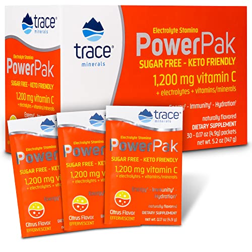 Trace Minerals | Power Pak Sugar Free Electrolyte Powder Packets | 1200 mg Vitamin C, Zinc, Magnesium | Boost Hydration, Immunity, Energy, Muscle Stamina | Keto Friendly | Citrus | 30 Packets