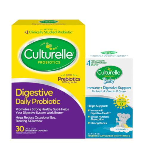 Culturelle Digestive Daily Probiotic Capsules for Men & Women, 30 Count + Culturelle Baby Immune + Digestive Support, Probiotic & Vitamin D Drops 9 ml