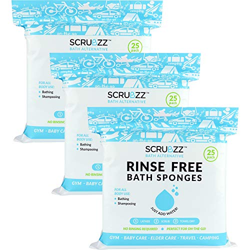 Scrubzz Disposable No Rinse Bathing Wipes - All-in-1 Single Use Shower Wipes, Simply Dampen, Lather, and Dry Without Shampoo or Rinsing (Unscented, 75 Count (Pack of 3)
