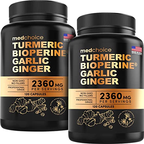 4-in-1 Turmeric and Ginger Supplement with Bioperine 2360 mg (240 ct) Turmeric Ginger Root Capsules with Garlic - Turmeric Curcumin with Black Pepper for Joint, Digestion & Immune Support (Pack of 2)