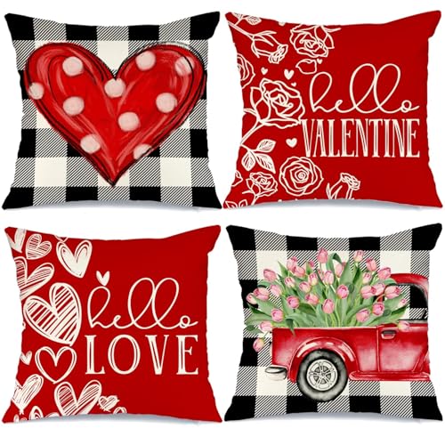 Valentines Day Outdoor Pillow Covers, 18 x 18 inch Set of 4 Waterproof Throw Pillow Cases, Love Cushion Decor for Home Outside Patio Front Porch House Farmhouse(Love C)