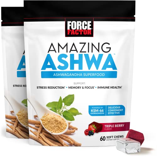 FORCE FACTOR Amazing Ashwa for Stress Relief, Memory, Focus, and Immune Support Health, Ashwaganda Supplement with KSM-66 Ashwagandha for Stress, 120 Soft Chews