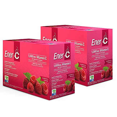 Ener-C Raspberry Multivitamin Drink Mix, 1000mg Vitamin C, Non-GMO, Vegan, Real Fruit Juice Powders, Natural Immunity Support, Electrolytes, Gluten Free, 30 Count (Pack of 2)