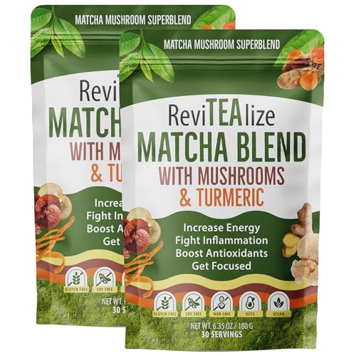 ReviTEAlize Organic Matcha Mushroom Powder - Organic Ceremonial Grade Matcha Powder Blend Mushroom Coffee Alternative - Mushroom Matcha Latte Powder (60 Servings)