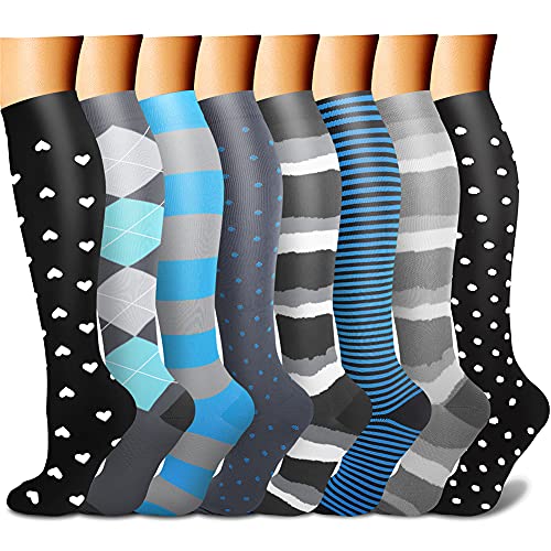 CHARMKING Compression Socks for Women & Men (8 Pairs) 15-20 mmHg Graduated Copper Support Socks are Best for Pregnant, Nurses - Boost Performance, Circulation, Knee High & Wide Calf (S/M, Multi 42)