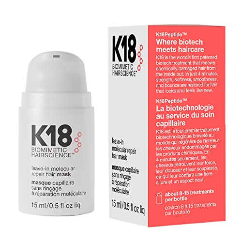 K18 Leave-In Molecular Repair Hair Mask Treatment to Repair Damaged Hair - 4 Minutes to Reverse Damage from Bleach, Color, Chemical Services, 15 ml