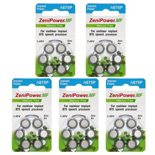 ZeniPower Mercury Free (0% Hg) Extra High Power Cochlear Implant BTE Speech Processor Batteries Zinc Air 1.4V Size 675P, 675CI, Implant Plus (30 Batteries)