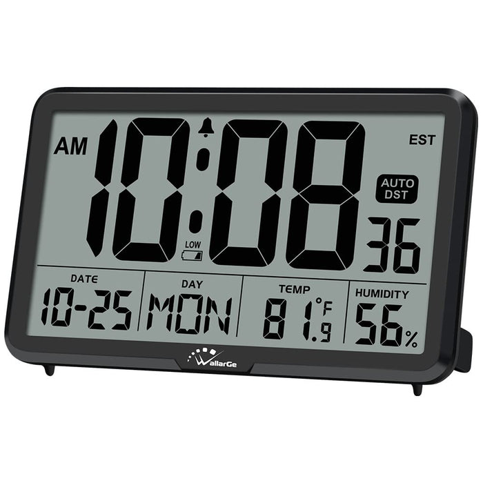 WallarGe Auto Set Digital Wall Clock Battery Operated, Desk Clocks with Temperature, Humidity and Date, Large Display Digital Calendar Alarm Clock for Elderly, Bedroom, Office, 8 Time Zone, Auto DST.