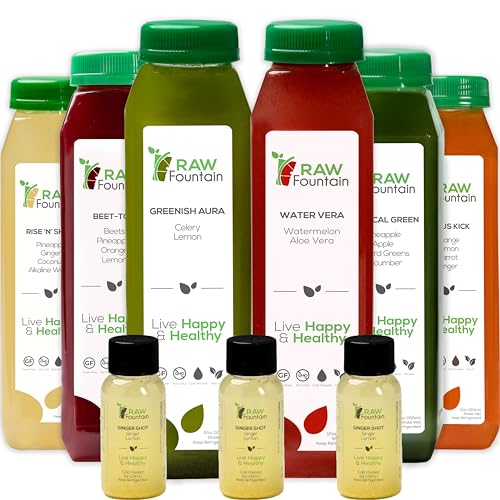 1 Day Juice Cleanse by Raw Fountain, Tropical Flavors, All Natural Raw, Cold Pressed Fruit and Vegetable Juices, Detox Cleanse, 6 Bottles 12oz, 3 Bonus Ginger Shots