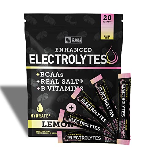 Enhanced Powder Stick Packs (Lemon Berry - 20 Packets) Sugar Free + BCAA B-Vitamins & Real Salt® - Keto Electrolytes, Hydration Powder w Potassium, Sodium, Zinc, Magnesium Hydration & Recovery