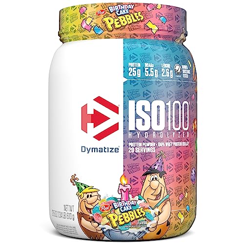 Dymatize ISO 100 Whey Protein Powder with 25g of Hydrolyzed 100% Whey Isolate, Gluten Free, Fast Digesting, Birthday Cake Pebbles, 20 Servings