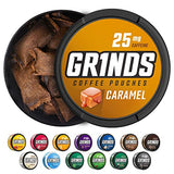 Grinds Coffee Pouches | 6 Cans of Caramel | 18 Pouches Per Can | 1 Pouch eq. 1/4 Cup of Coffee (Caramel)