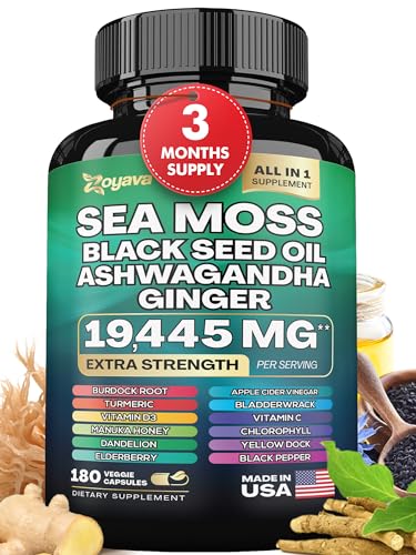 Sea Moss 7000mg Black Seed Oil 4000mg Ashwagandha 2000mg Turmeric 2000mg Bladderwrack 2000mg Burdock 2000mg & Ginger Vitamin C Vitamin D3 with Elderberry Manuka Dandelion Yellow Dock Chlorophyll ACV