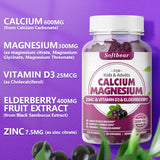 softbear Sugar Free Calcium Magnesium Zinc Gummies for Womem Men, High Absorption Calcium Magnesium Zinc with Vitamin D3 Supplement for Bone & Muscle Health, Vegan Elderberry Flavor 120 Count