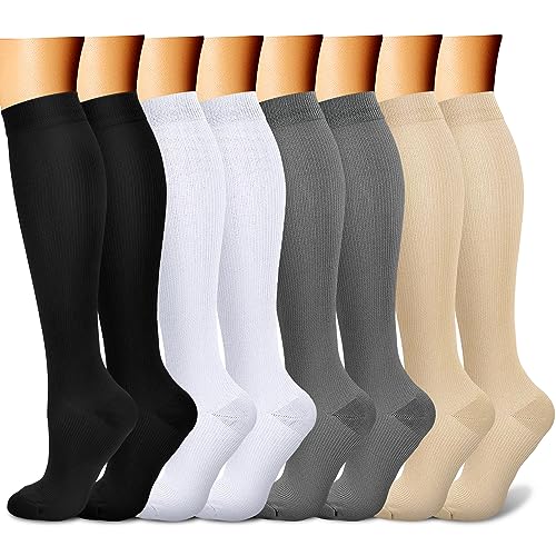 CHARMKING Compression Socks for Women & Men (8 Pairs) 15-20 mmHg Graduated Copper Support Socks are Best for Pregnant, Nurses - Boost Performance, Circulation, Knee High & Wide Calf (S/M, Multi 52)