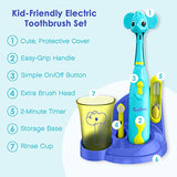 Brusheez® Kids’ Electric Toothbrush Set - Safe & Effective for Ages 3+ Parent Tested Approved with Gentle Bristles, 2 Brush Heads, Rinse Cup, 2-Minute Timer, Storage Base (Ollie The Elephant)