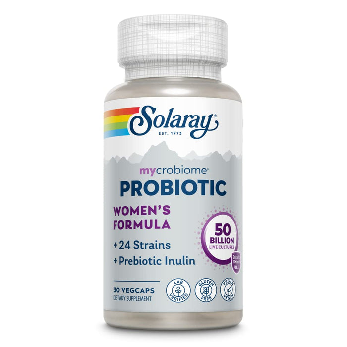 SOLARAY Mycrobiome Probiotic Women’s Formula, 24 Strains Plus Prebiotic Inulin, Specially Formulated for Women, Digestion, Mood & Urinary Tract Support, 50 Billion CFU, 30 Servings, 30 VegCaps