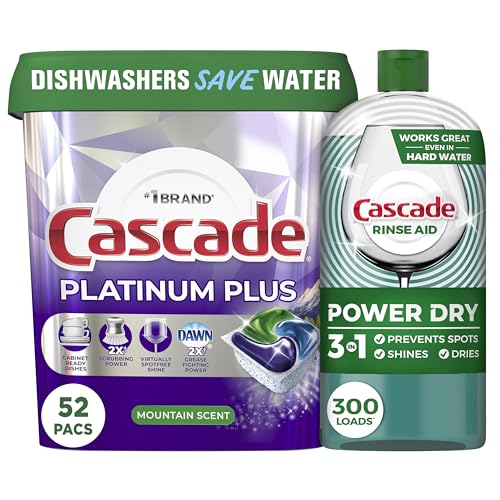 Bundle of Cascade Platinum Plus ActionPacs Dishwasher Detergent Pods, Mountain, 52 Count + Cascade Rinse Aid Platinum, Regular Scent, 30.5 oz