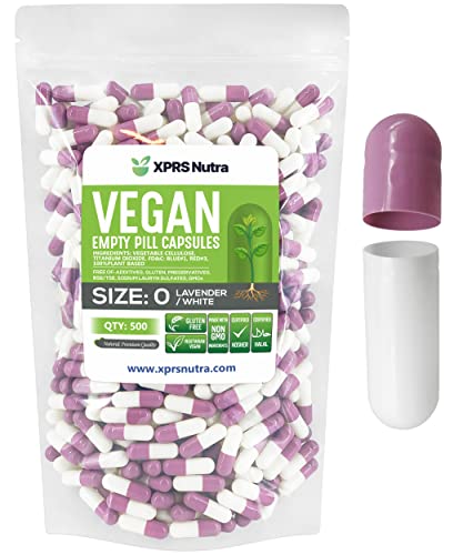 XPRS Nutra Size 0 Empty Capsules - 500 Count Empty Vegan Capsules - Vegetarian Empty Pill Capsules - DIY Vegetable Capsule Filling - Veggie Pill Capsules Empty Caps (Lavender/White)