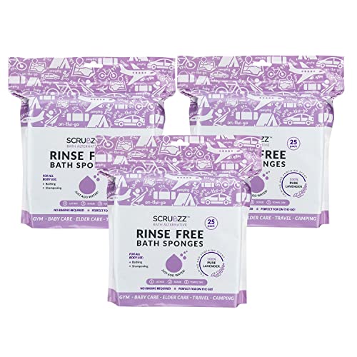 Scrubzz Disposable No Rinse Bathing Wipes - All-in-1 Single Use Shower Wipes, Simply Dampen, Lather, and Dry Without Shampoo or Rinsing (Lavender, 3-Pack)