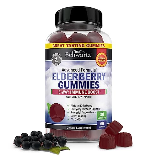 Elderberry Gummies with Zinc and Vitamin C for Adults & Kids - Natural Immune Support - Black Sambucus Elderberries - Powerful Multiminerals Supplement - Gluten-Free, Non-GMO, Made in USA, 60 ct