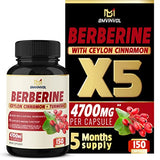 Berberine Supplement Equivalent to 4700mg - 5 Months Supply - With Ceylon Cinnamon, Berberine HCl Supplement Pills