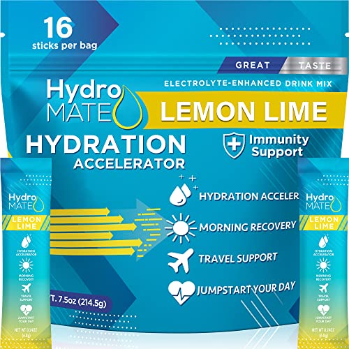HydroMATE Electrolytes Powder Packets Hydration Accelerator Drink Mix Rapid Party Relief Vitamin C Lemon Lime 16 Sticks