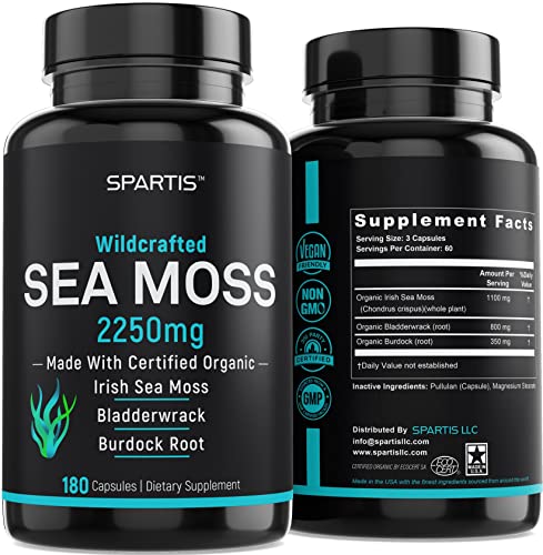 Certified Organic Sea Moss Capsules 2250mg Wildcrafted Irish Sea Moss Burdock Root Bladderwrack Supplement for Energy Gut Health Skin & Joint Support Raw Seamoss Pills & Powder (Pack of 1 at 180-Caps)