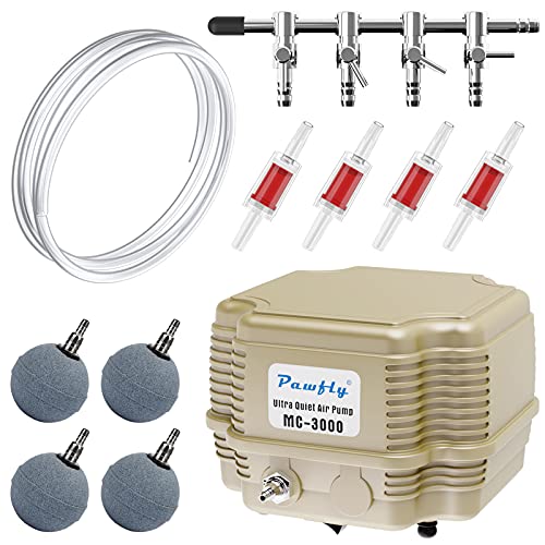 Pawfly 7 W 254 GPH Commercial Air Pump Adjustable Quiet Oxygen Aerator Pump with Air Stones 4 Outlets Manifold and Airline Tubing Accessories for Up to 300 Gallon Tank Aquarium Pond