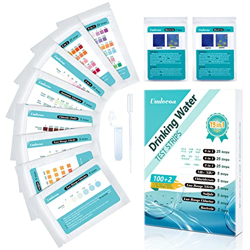 Umlecoa 19 in 1 Water Test Kit - 100 Strips + 2 Bacteria Tests - Home Water Quality Test Strips for pH, Hardness, Chlorine, Lead, Iron, Copper, Nitrate, Nitrite, and More