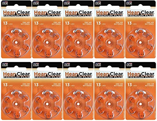 Hearclear Size 13 Hearing Aid Batteries Orange Tab + Keychain (60 Batteries)