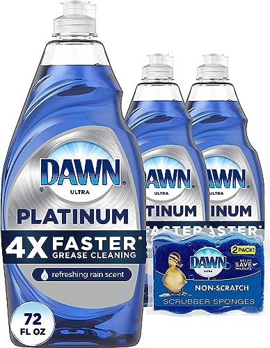 Dawn Dish Soap Platinum Dishwashing Liquid + Non-Scratch Sponges for Dishes, Refreshing Rain Scent, Includes 3x24oz + 2 Sponges (Packaging May Vary)