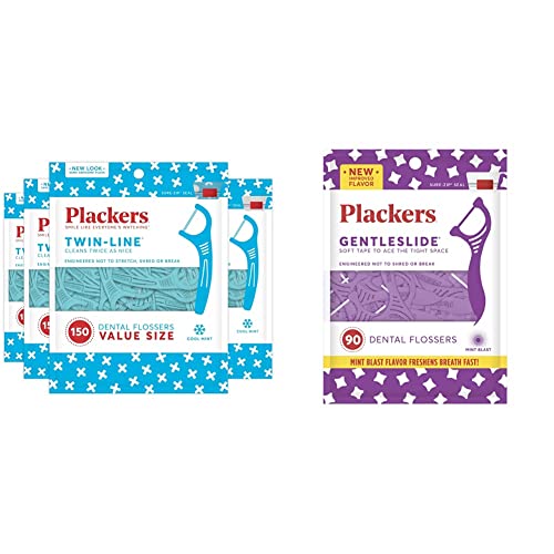 Plackers Twin-Line Dental Flossers, Advanced Whitening and Dual Action Flossing System, 2X The Clean, Cool Mint Flavor, 600 Count & Gentleslide Dental Flossers, Mint Blast Flavor, 90 Count