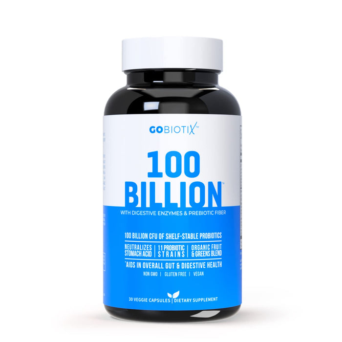 100 Billion - Probiotics and Prebiotics Supplement Pills - Digestive Enzymes and Prebiotic Fiber Blend - 100 Billion CFU - Organic Fruit and Greens Blend - Vegan, Non GMO - 30 Capsules