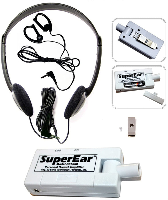 SuperEar Personal Sound Amplifier Model SE5000 (PSAP), 50dB Gain, Hand Held Pocket Size Audio Amplifier with Headphones, EarBuds, Tactile On/Off Volume Control for Adults, Audiologists, and Seniors