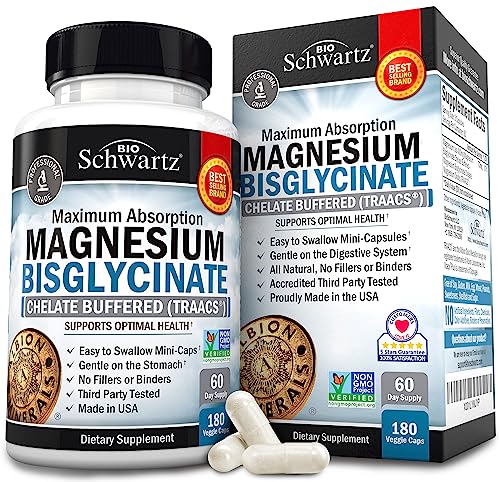 Magnesium Bisglycinate 100% Chelate No-Laxative Effect - Maximum Absorption & Bioavailability, Fully Reacted & Buffered - Healthy Energy Muscle Bone & Joint Support - Non-GMO Project Verified -180ct