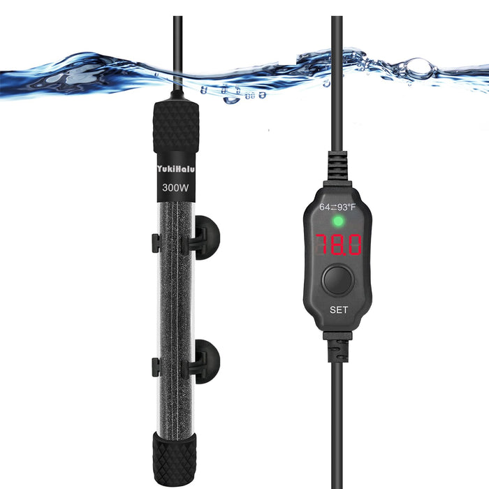 YukiHalu Small Submersible Aquarium Heater, Adjustable Mini Fish Tank Heater 25W 50W 100W 200W 300W with External Temperature Controller, LED Display, Used for 5/10/20/40/60 Gallons (300 Watts)