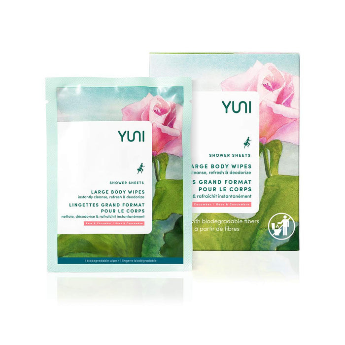 YUNI Beauty Large Body Wipes (Rose Cucumber, 12 Count) Soft Moist Showerless Wipes, Cleanse & Deodorize Waterless Travel Body Cleanser, Biodegradable Individually Wrapped Body Wipes for Camping or Gym