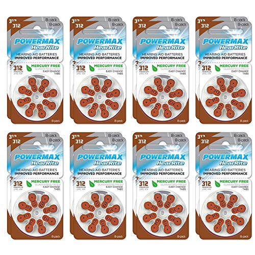 Powermax USA Size 312 Hearing Aid Batteries, Brown Tab, 128 Count